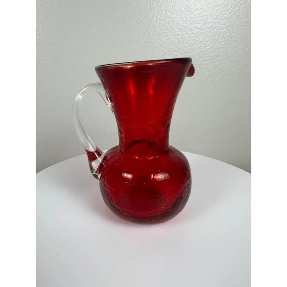 Vintage Ruby Red Crackle Glass Mini Pitcher Hand Blown Clear Handle 4.25
